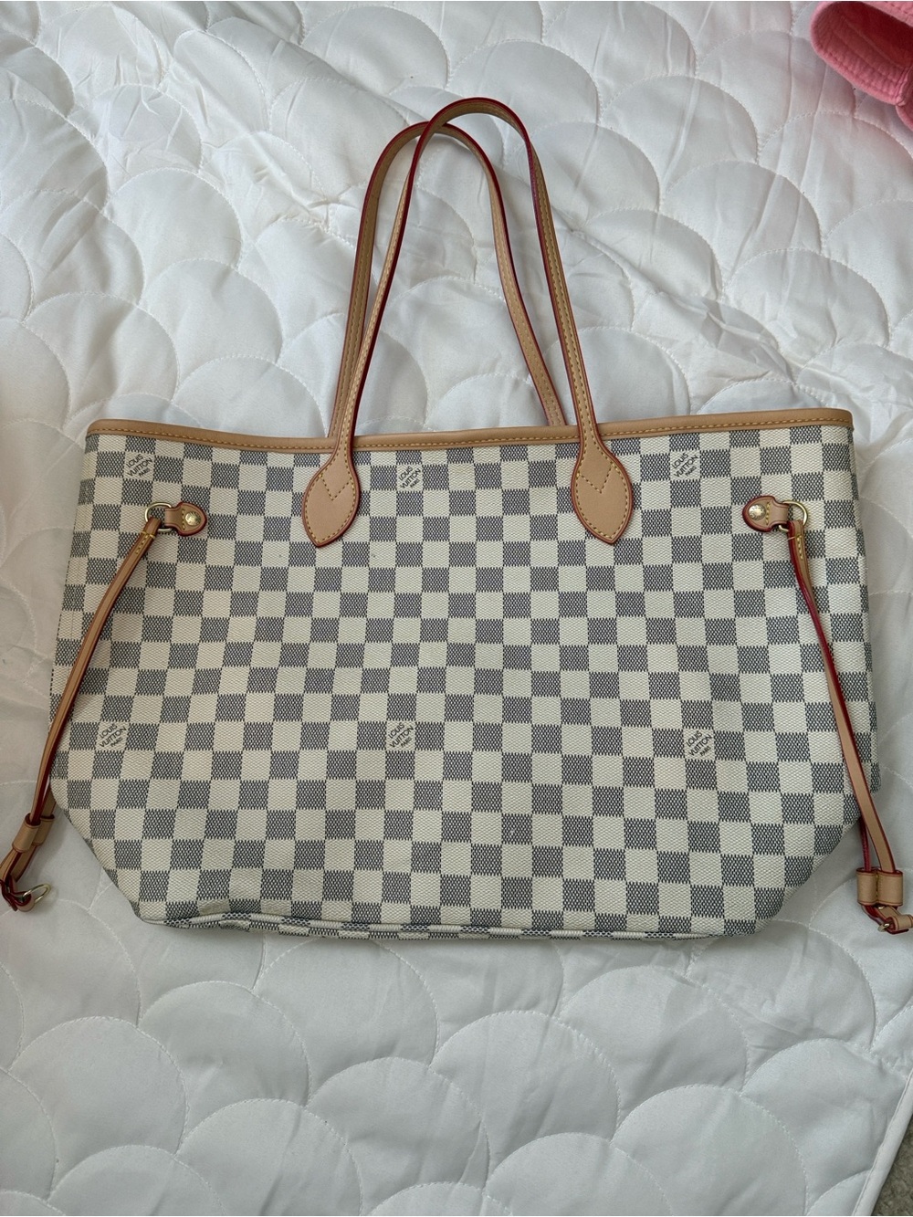 Women’s Beige Checkered Tote Bag with Tan Trim